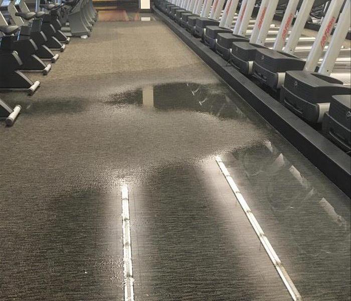 water pooling on aisle between exercise equipment